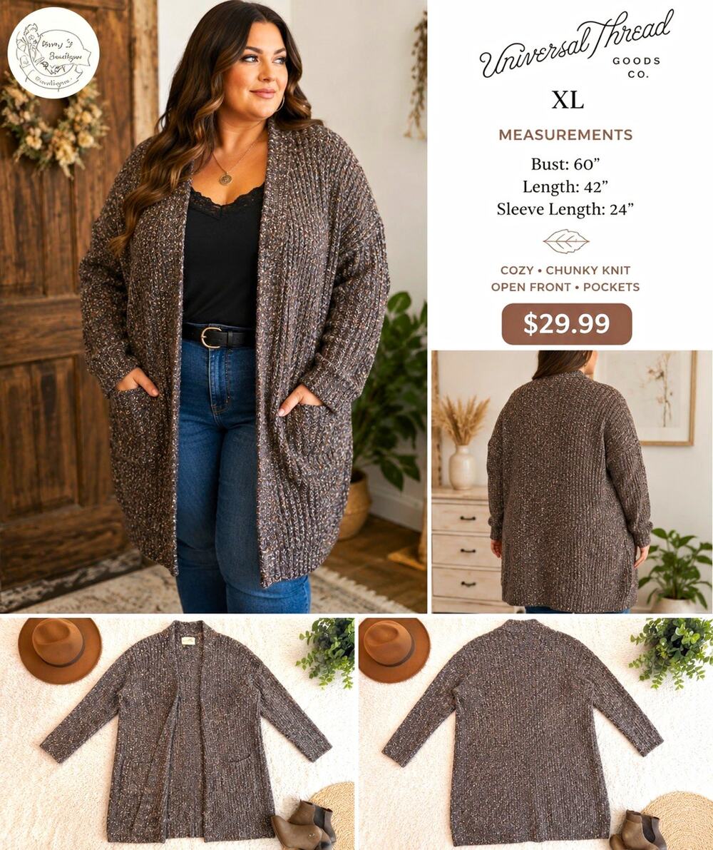 Universal Thread XL Longline Cardigan Sweater Brwn Chunky Knit Open Front Pocket